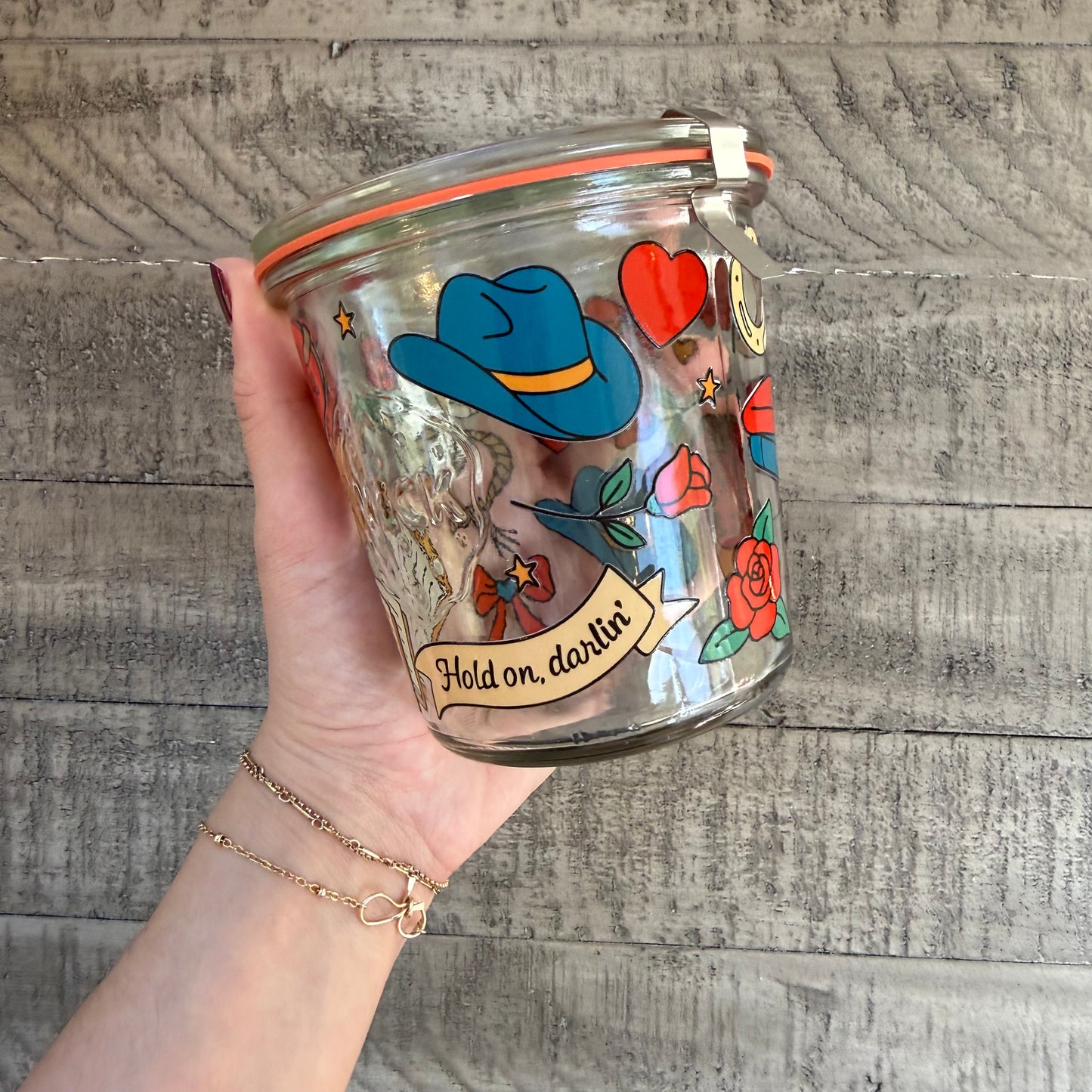 Hold On Darlin' Cowgirl Weck Jar