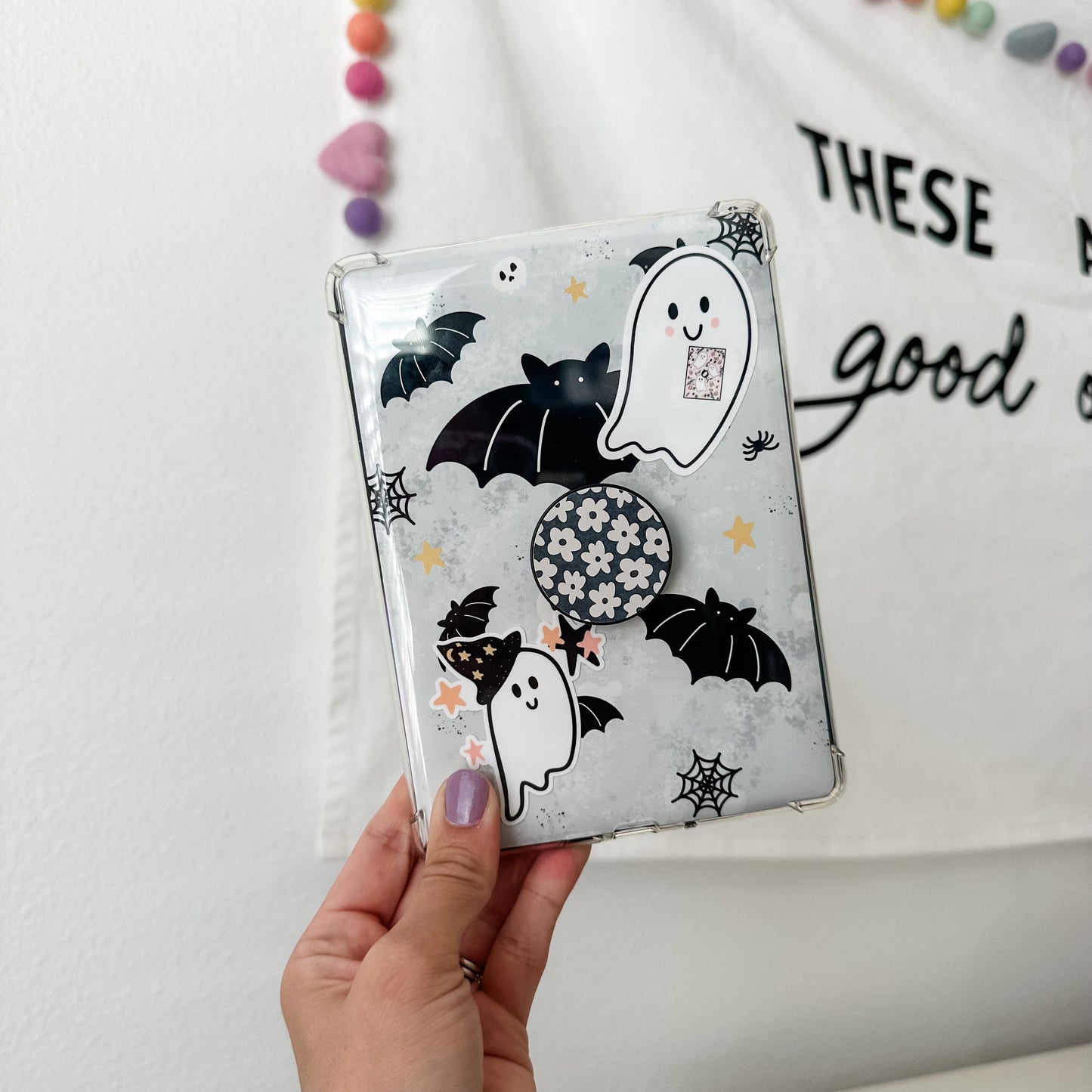 ghostie ghost with witch hat and stars waterproof sticker
