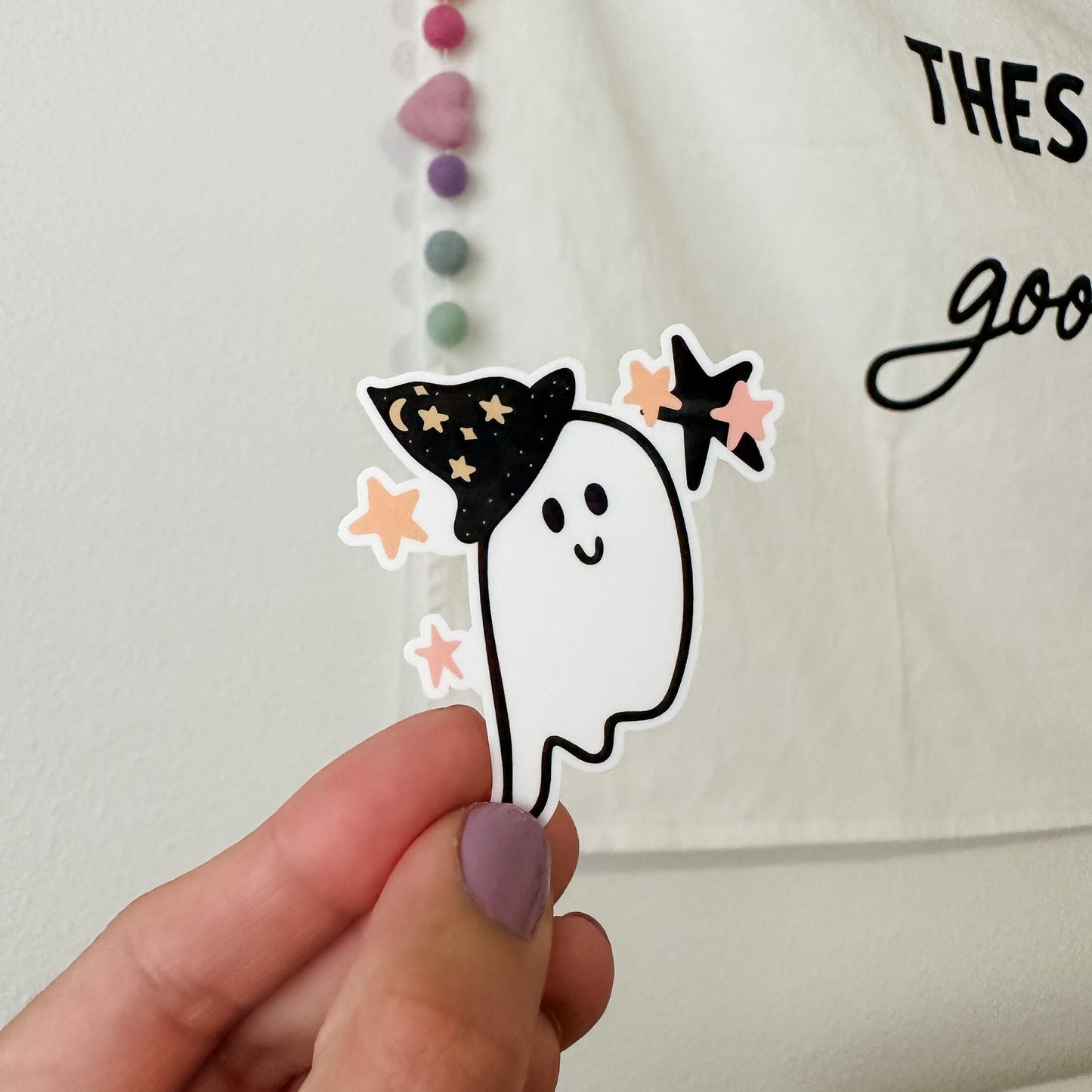 ghostie ghost with witch hat and stars waterproof sticker