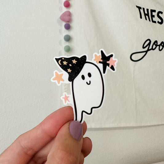 ghostie ghost with witch hat and stars waterproof sticker