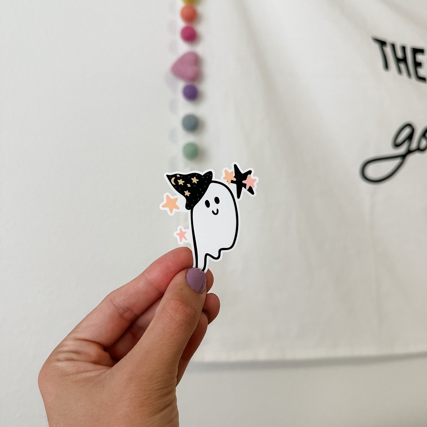 ghostie ghost with witch hat and stars waterproof sticker